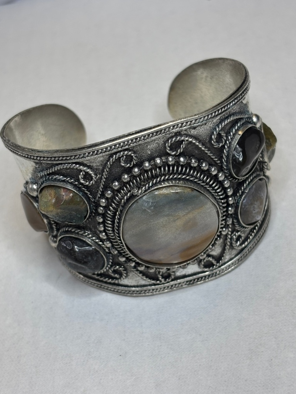 Wide Silver Cuff Bracelet with Polished Stone Cabochons - Picture 5 of 9